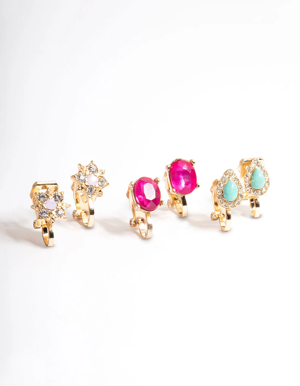 Gold Flower Stone Clip On Earrings 5-Pack - Image 3