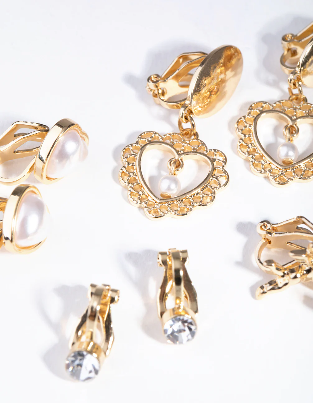 Gold Faux Pearl Heart Clip On 5-Pack Earring - Image 2
