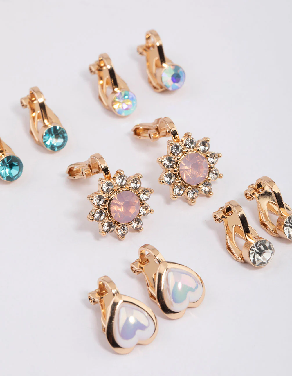 Gold Heart & Flower Clip On Earrings 5-Pack - Image 2