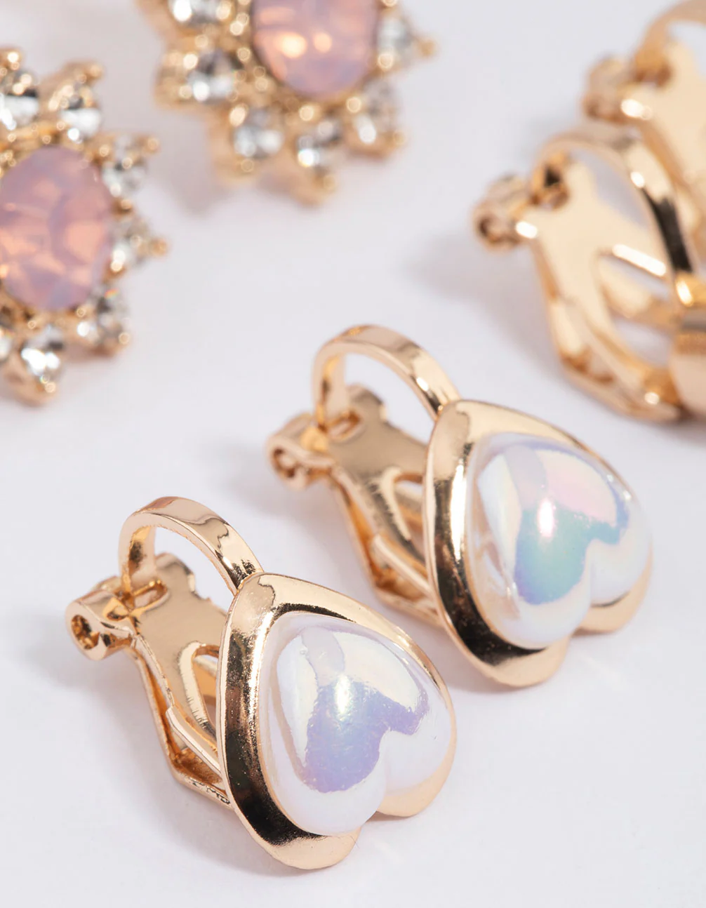 Gold Heart & Flower Clip On Earrings 5-Pack - Image 3