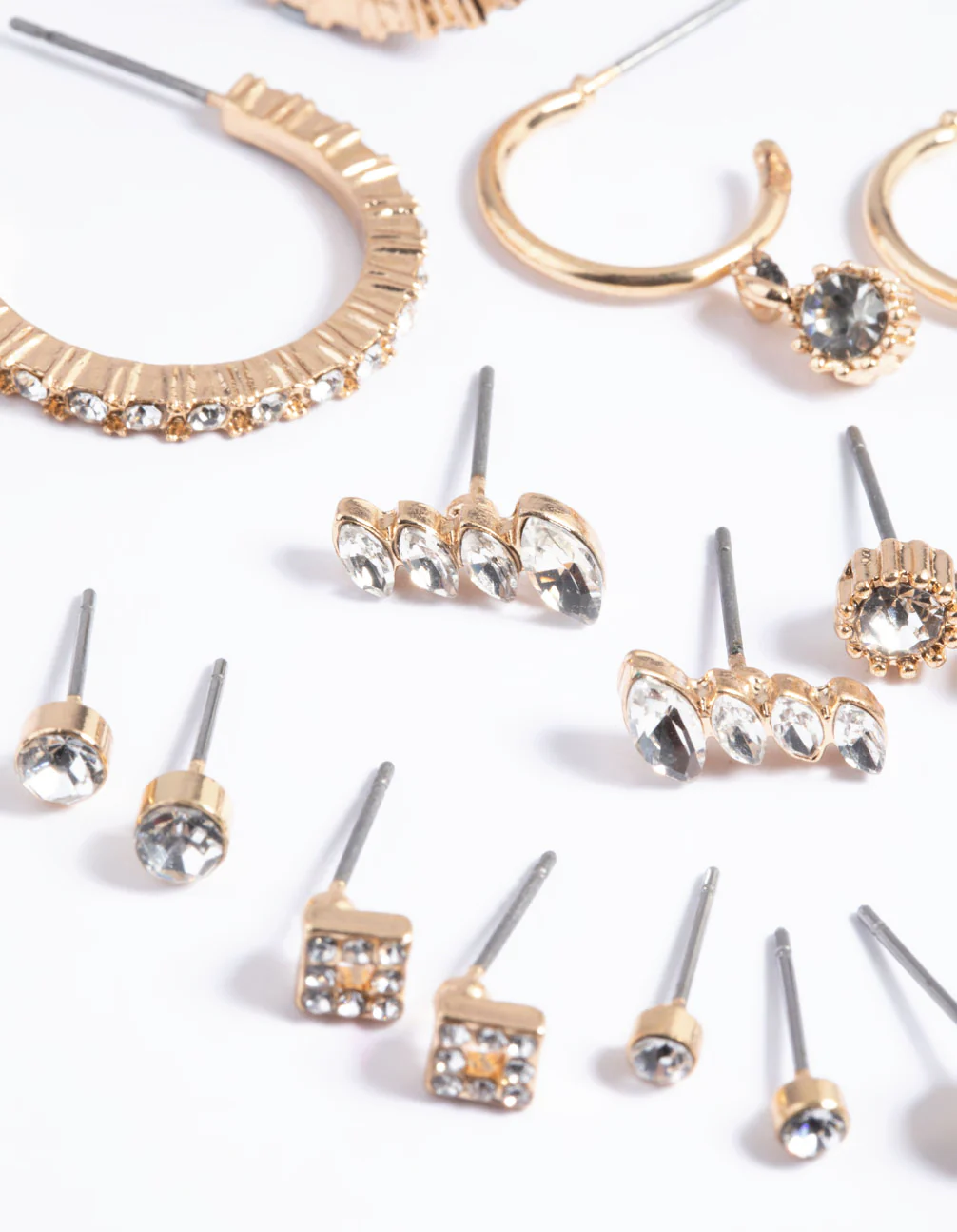 Gold Plain Diamante Stud Earrings 8-Pack - Image 2