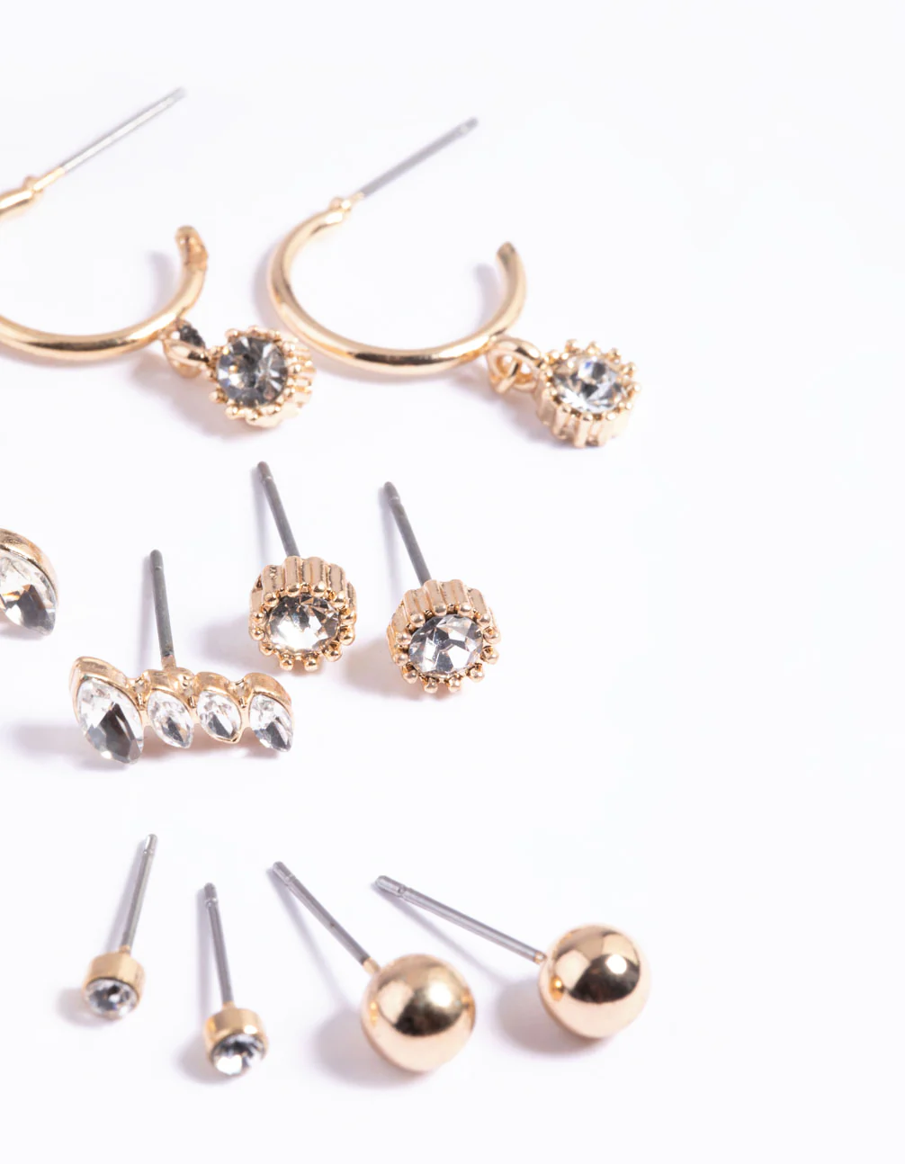 Gold Plain Diamante Stud Earrings 8-Pack - Image 3