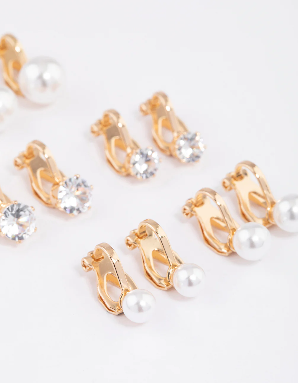 Gold Pearl & Diamante Clip On Earrings 5-Pack - Image 2