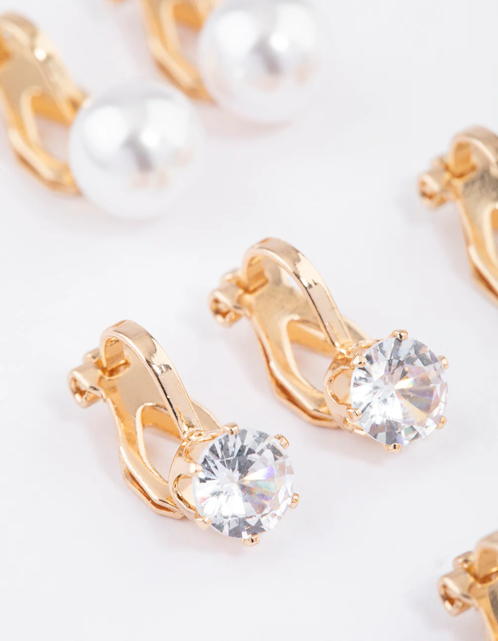 Gold Pearl & Diamante Clip On Earrings 5-Pack - Image 3