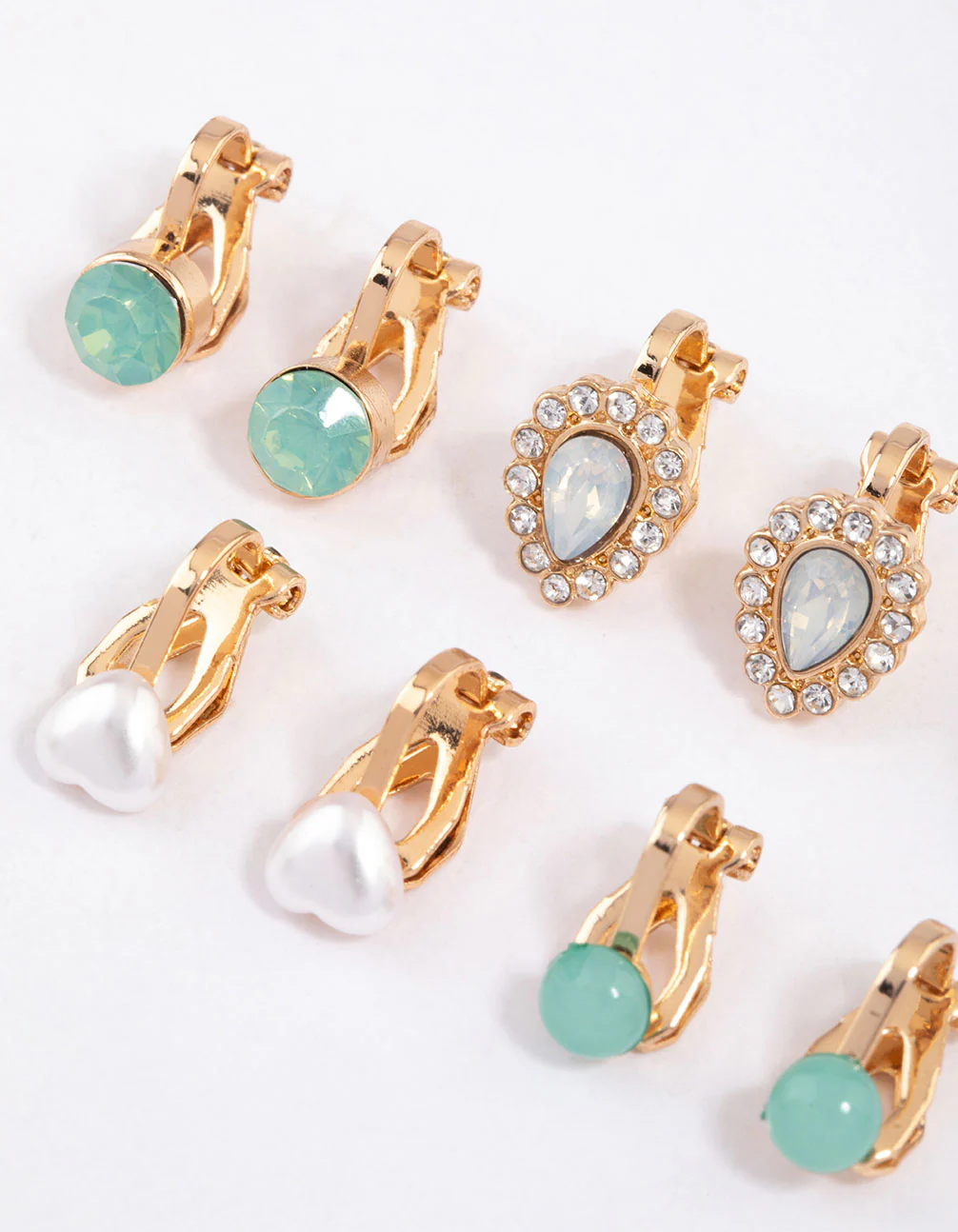 Gold Pearl & Diamante Pear Clip On Earrings 5-Pack - Image 2
