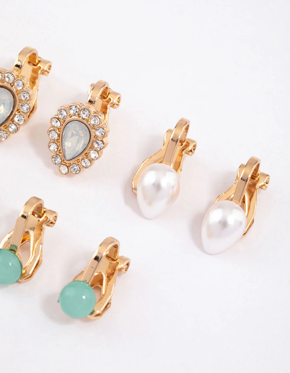 Gold Pearl & Diamante Pear Clip On Earrings 5-Pack - Image 3