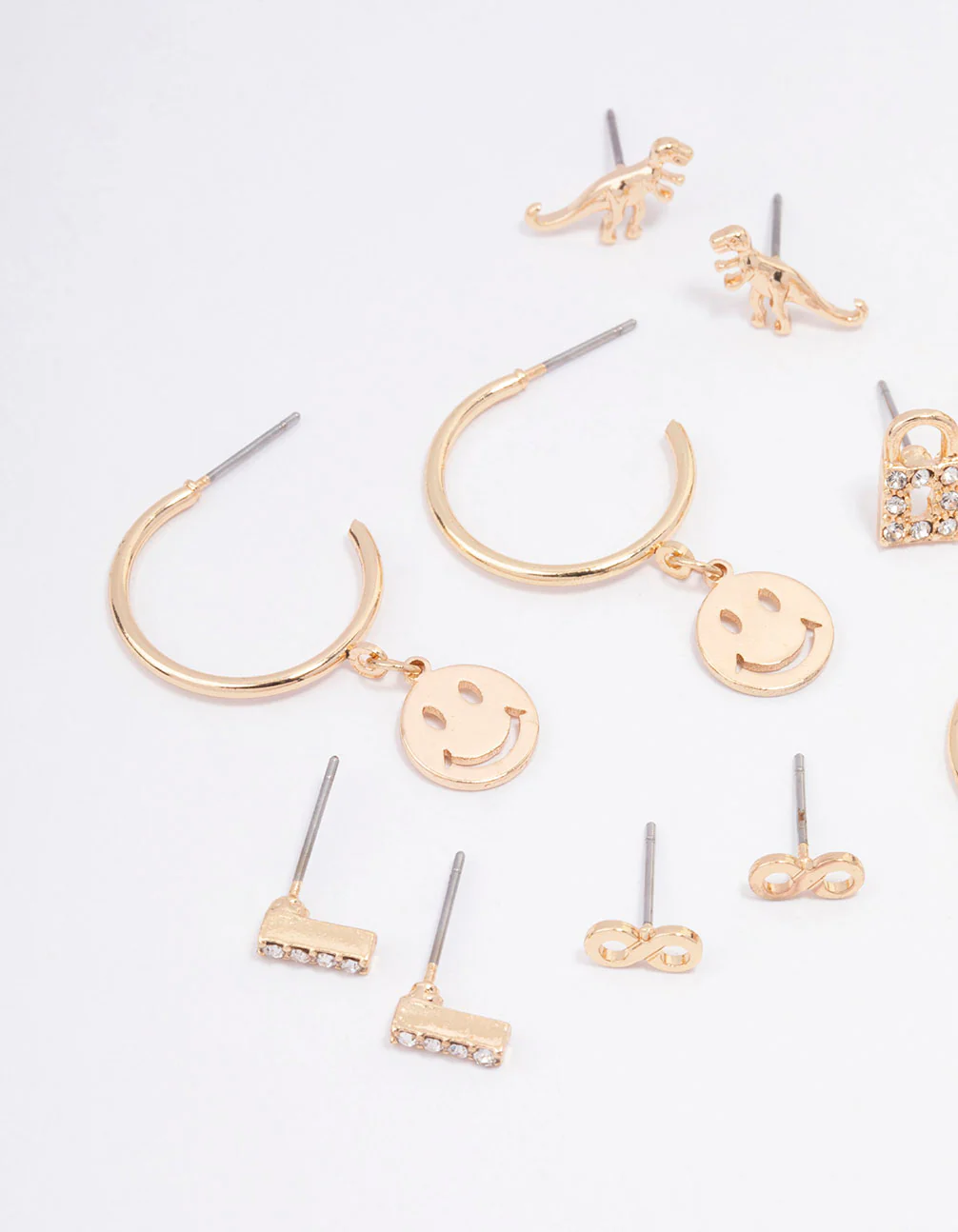 Gold Smiley Lock Diamante Earring 8-Pack - Image 2