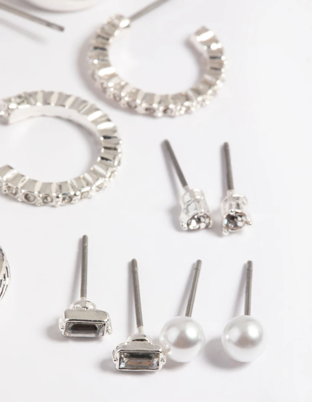 Silver Pearl Stud & Hoop Earrings 8-Pack - Image 3