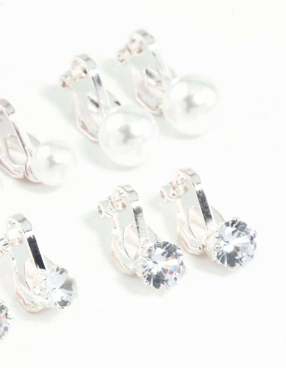 Silver Pearl & Diamante Clip On Earrings 5-Pack - Image 3