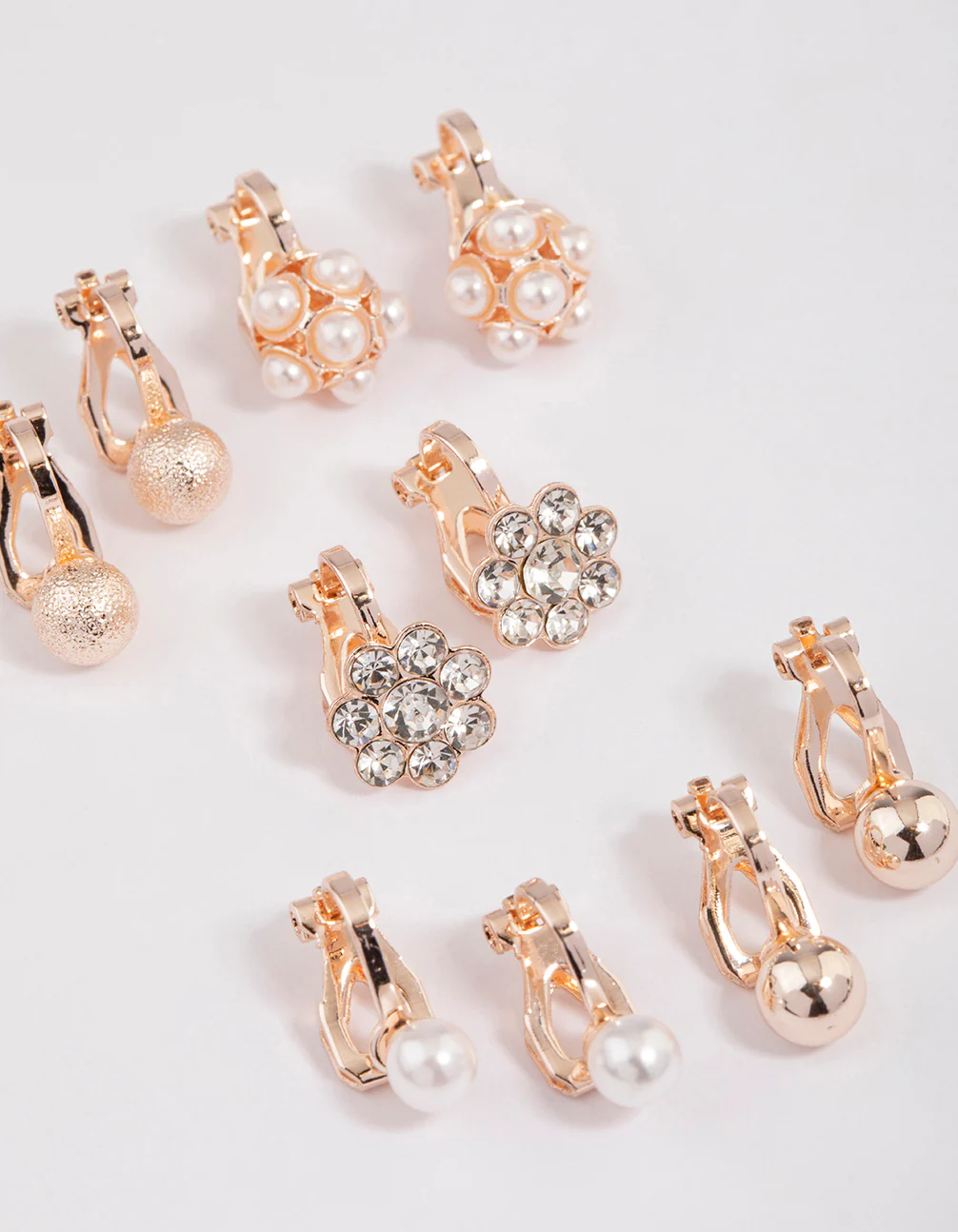 Silver Pearl & Diamante Flower Clip On Earrings 5-Pack - Image 2