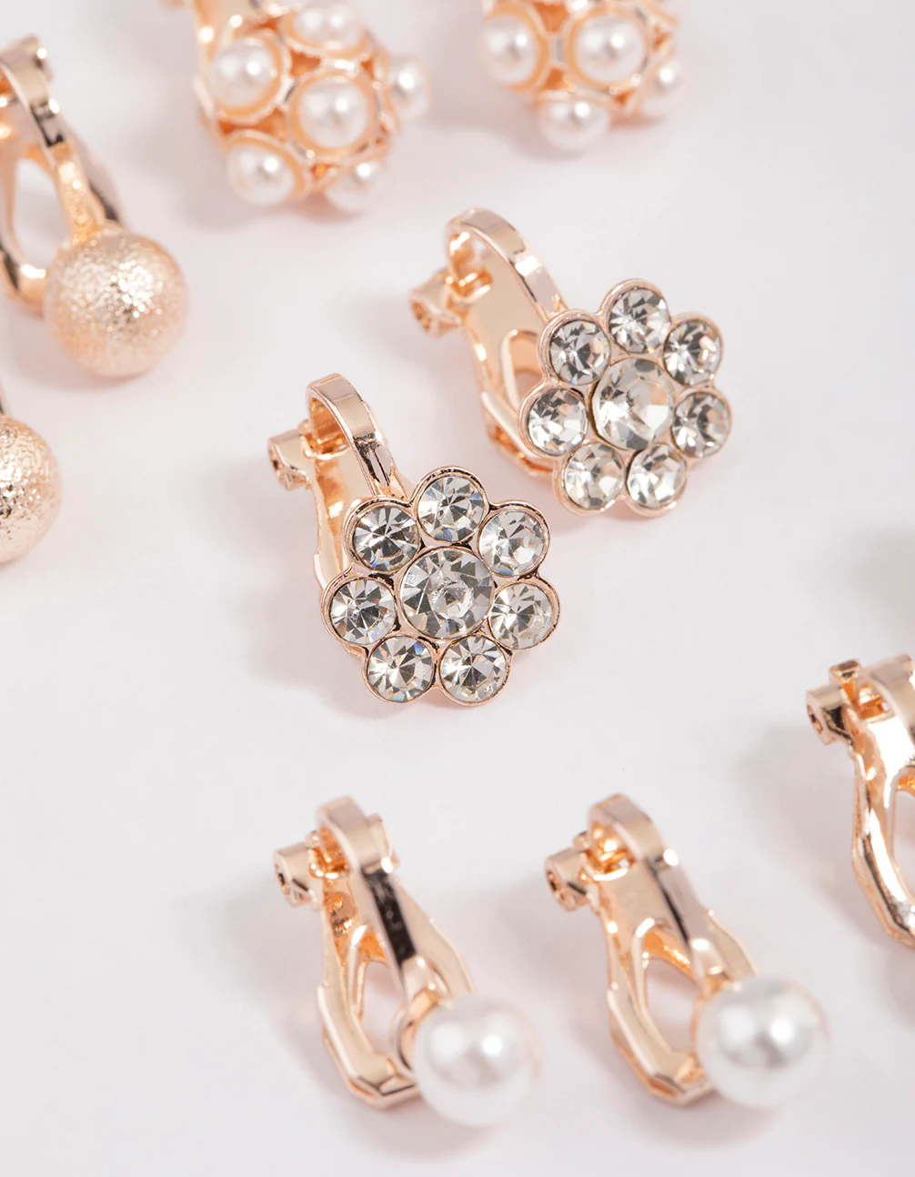 Silver Pearl & Diamante Flower Clip On Earrings 5-Pack - Image 3