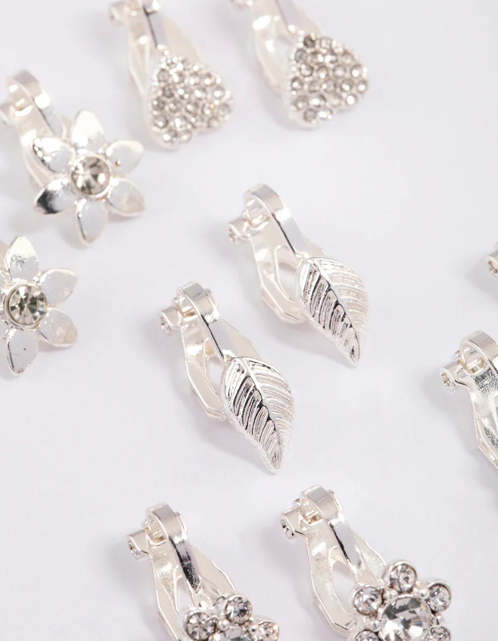 Silver Paved Heart Flower Clip On Earrings 5-Pack - Image 2