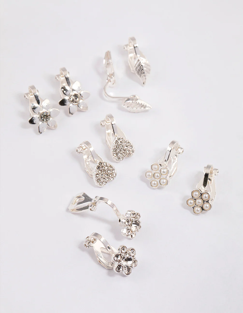 Silver Paved Heart Flower Clip On Earrings 5-Pack - Image 3