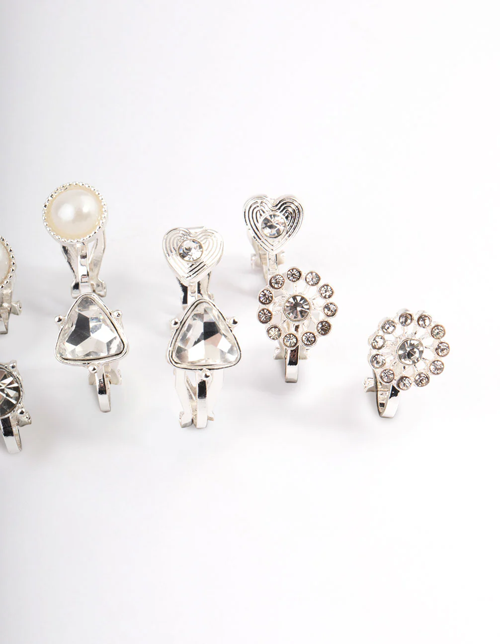 Silver Heart & Flower Clip On Earrings 5-Pack - Image 3