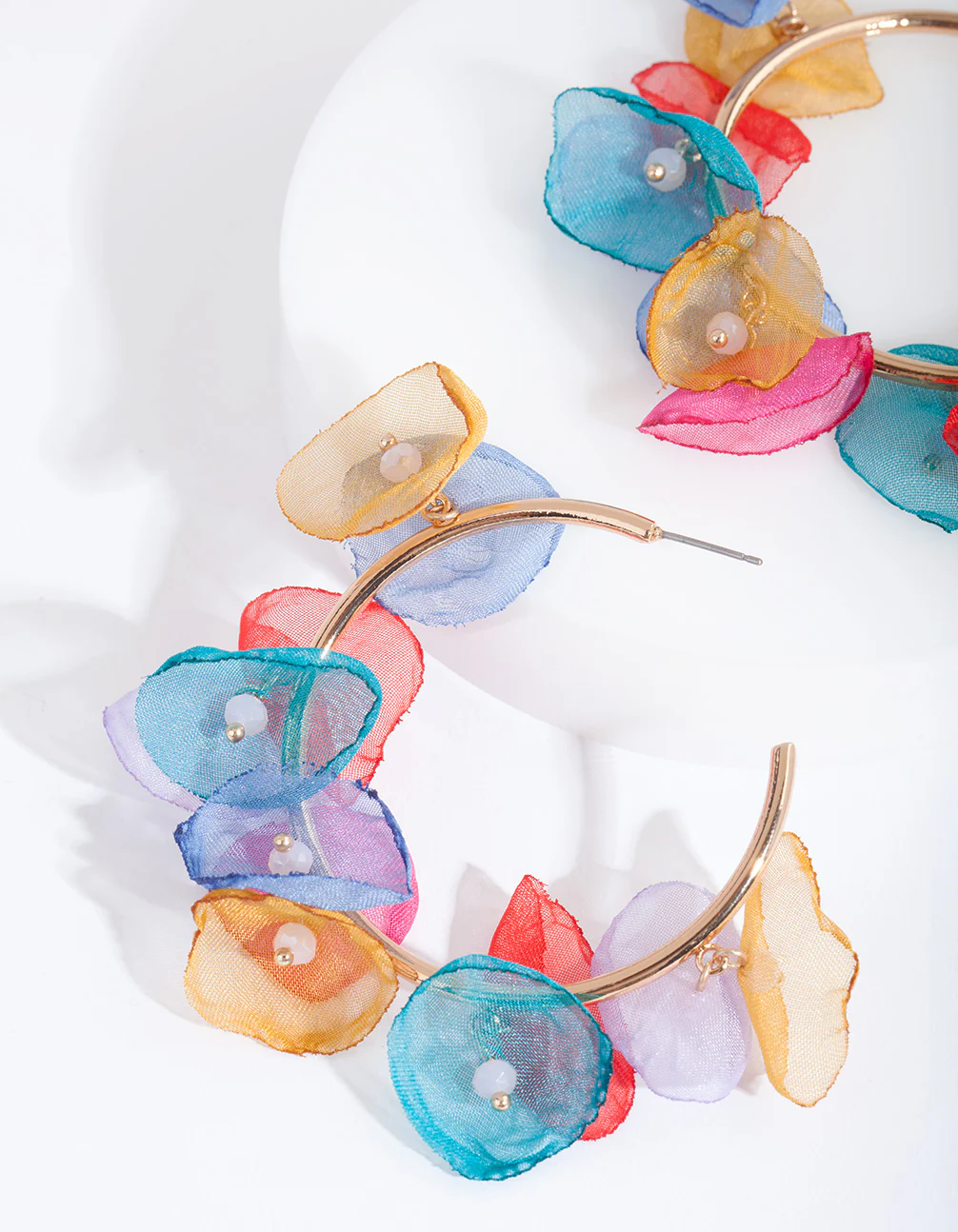 Gold Multi Fabric Flower Hoop Earrings - Image 2
