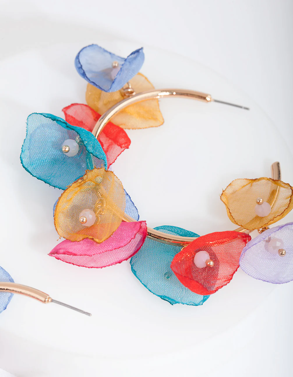 Gold Multi Fabric Flower Hoop Earrings - Image 3