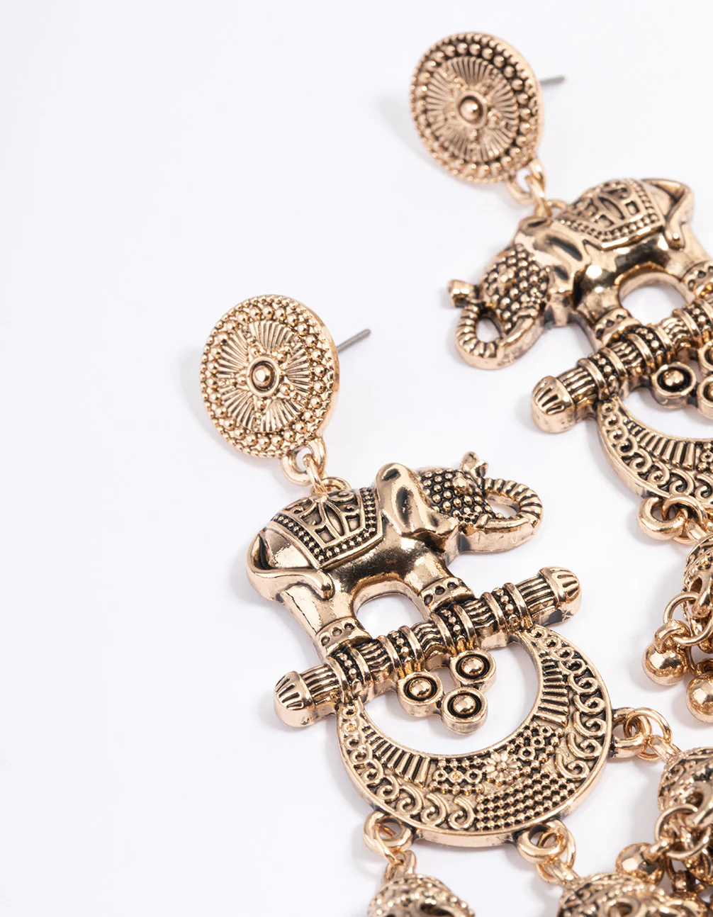 Long Antique Gold Elephant Jhumka Earrings - Image 2