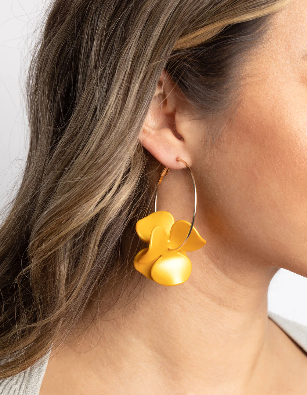 Matte Yellow Flower Hoop Earrings - Image 2