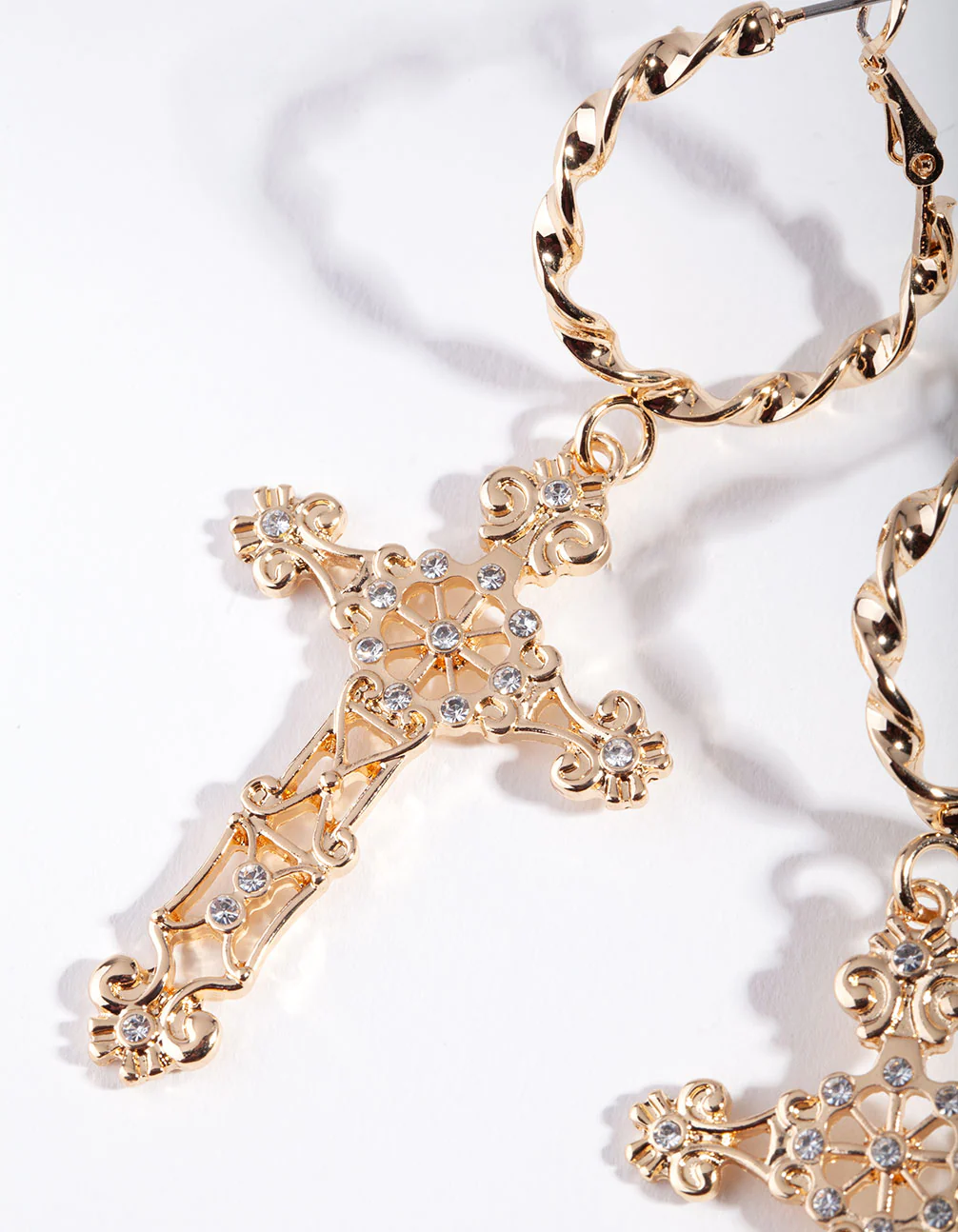Gold Rope Hoop Filigree Cross Earrings - Image 2