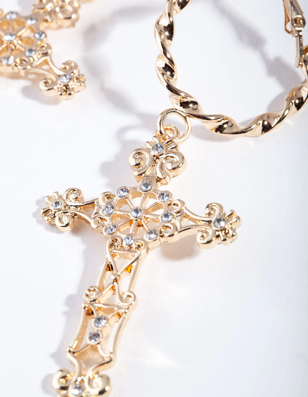 Gold Rope Hoop Filigree Cross Earrings - Image 3