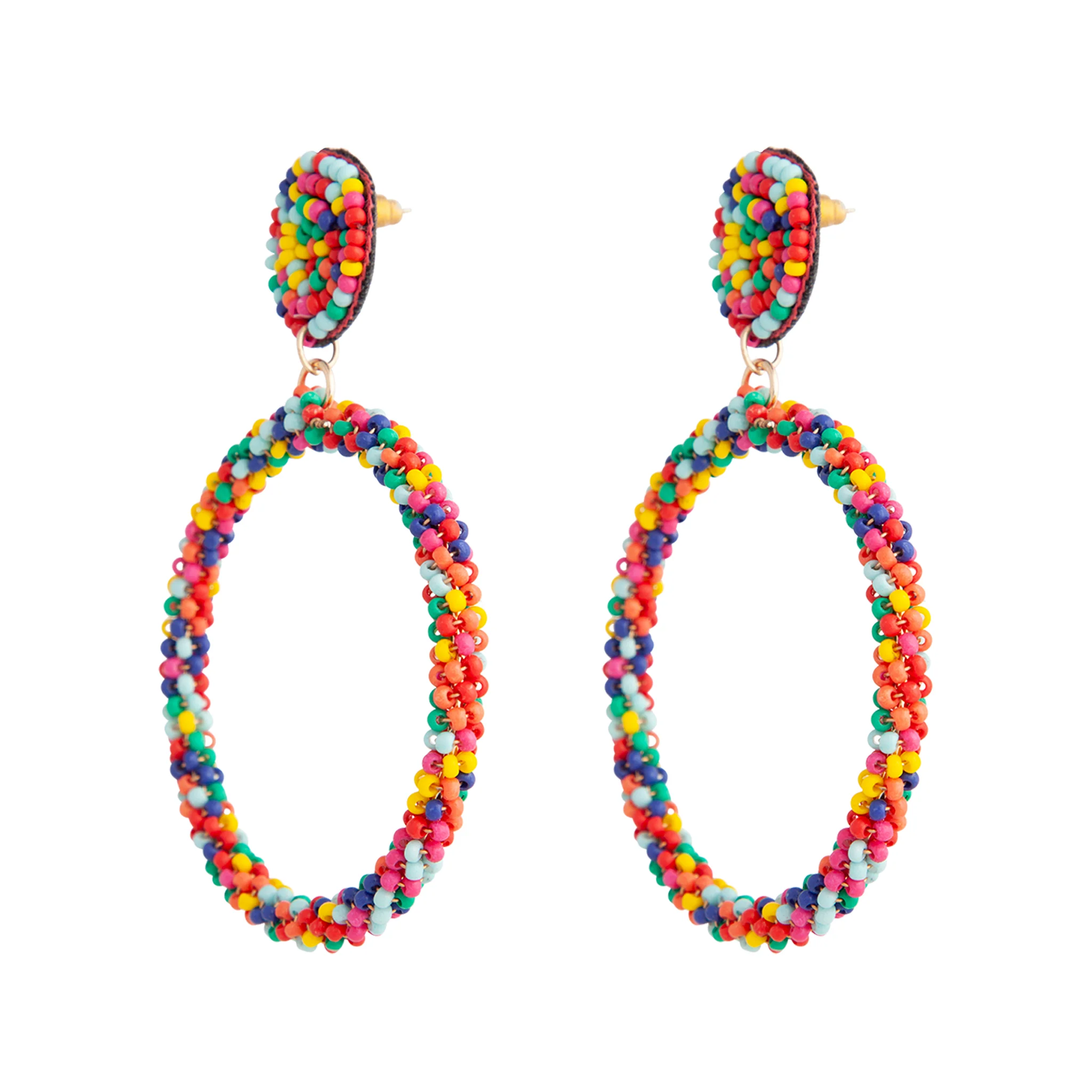 Rainbow Seed Bead Drop Hoop Earrings - Image 2