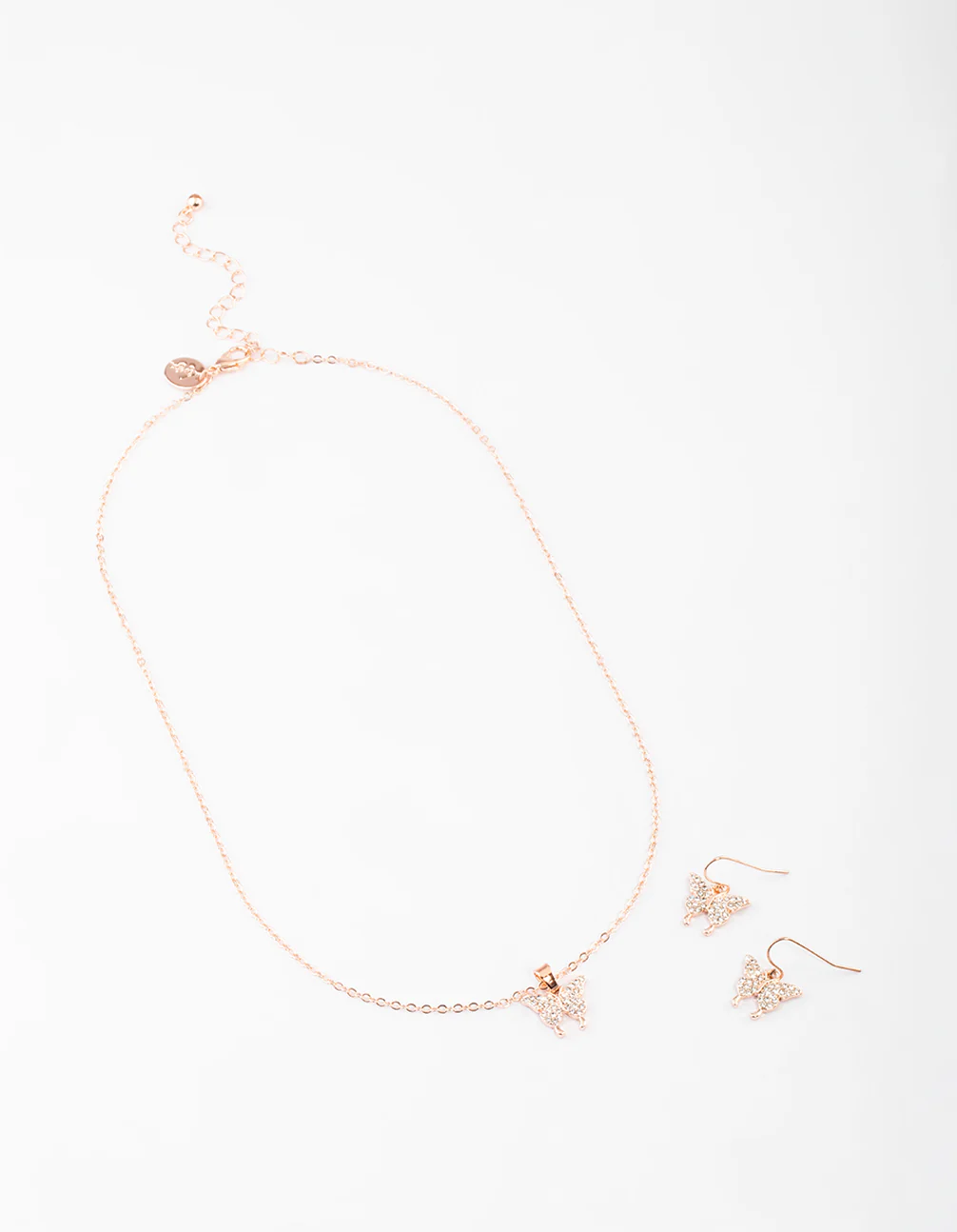 Rose Gold Butterfly Necklace & Drop Earrings Set - Image 2