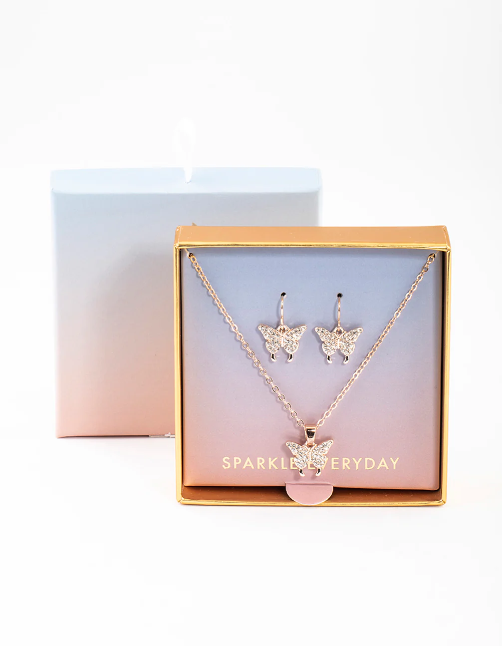 Rose Gold Butterfly Necklace & Drop Earrings Set - Image 4