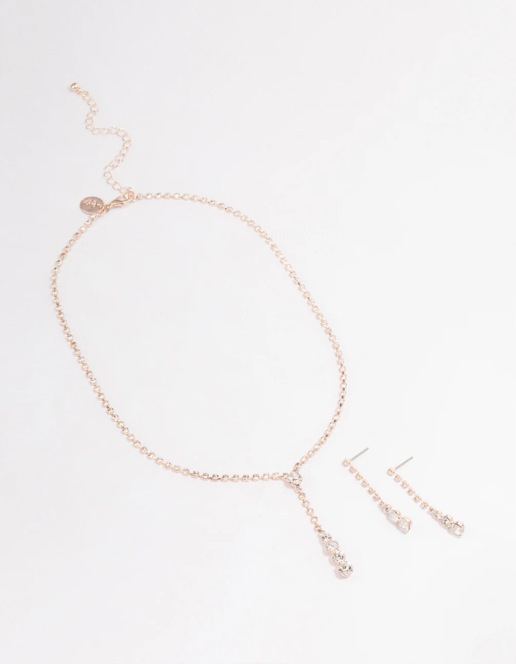 Rose Gold Cup Chain Diamante Y-Shape Necklace & Drop Earrings Jewellery Set - Image 2