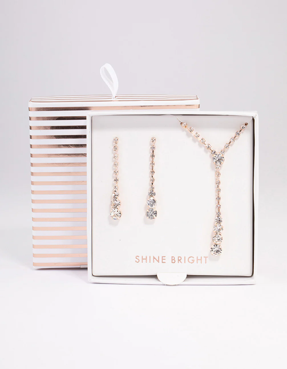 Rose Gold Cup Chain Diamante Y-Shape Necklace & Drop Earrings Jewellery Set - Image 3