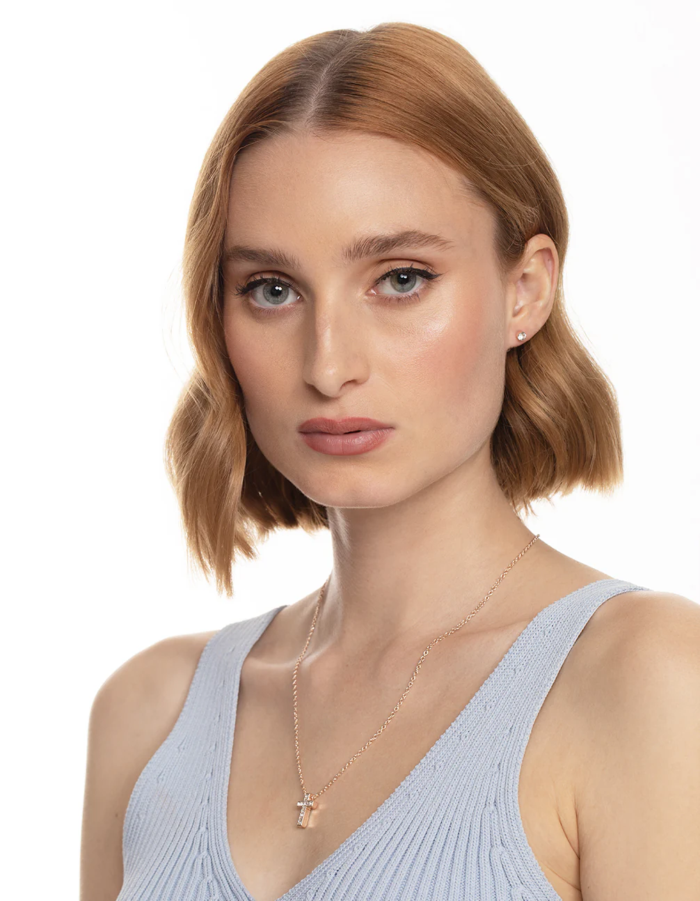 Rose Gold Cross Necklace & Stud Earrings - Image 2