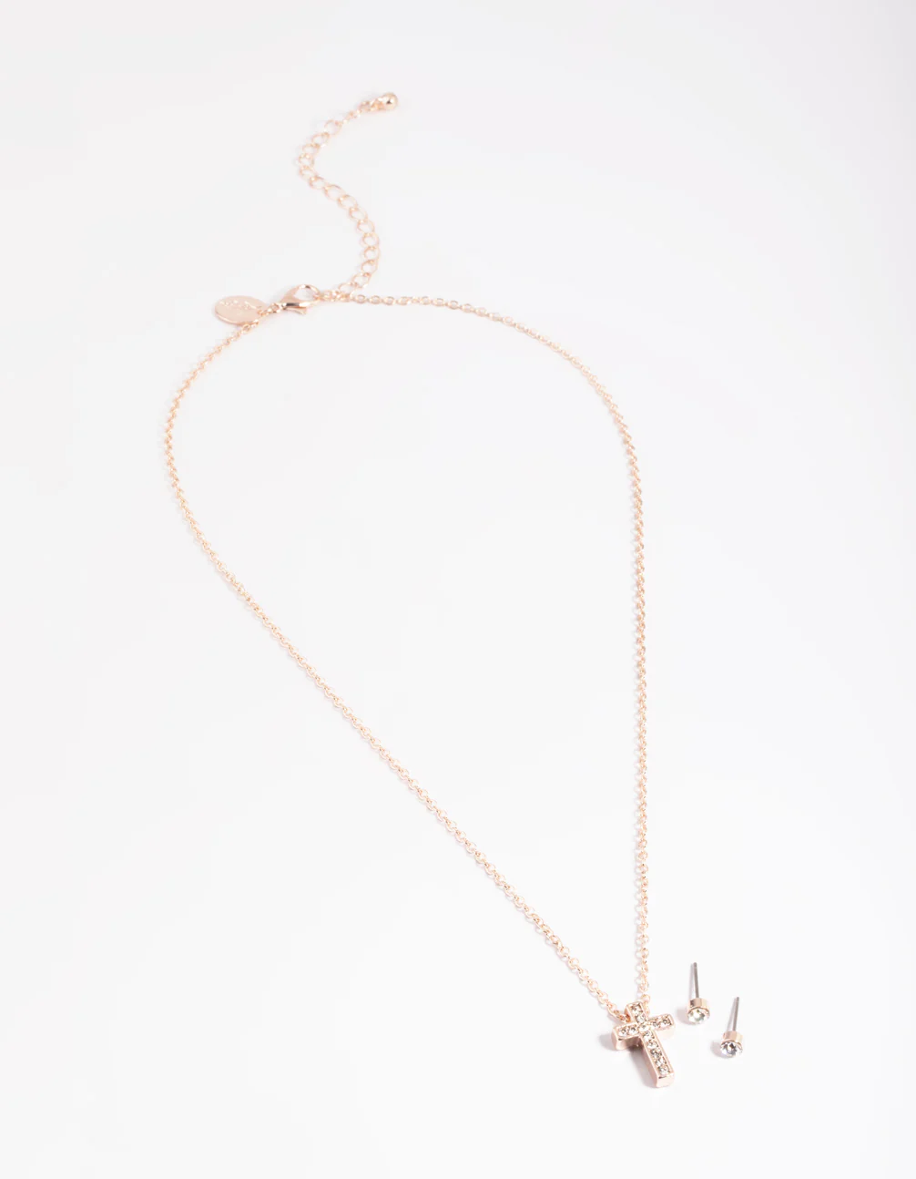 Rose Gold Cross Necklace & Stud Earrings - Image 3