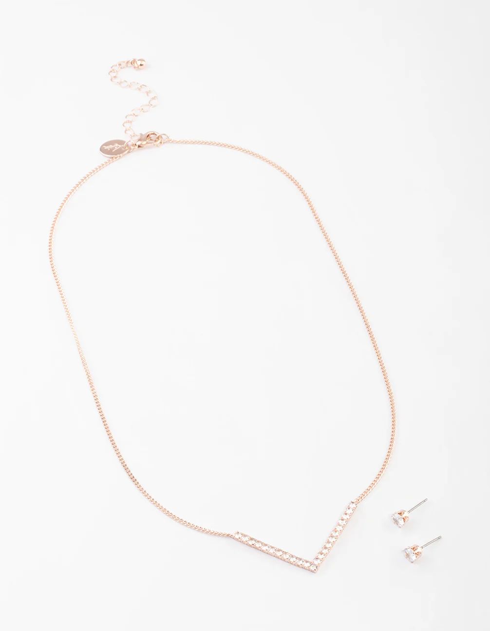 Rose Gold Cubic Zirconia V Necklace & Stud Earrings Set - Image 2