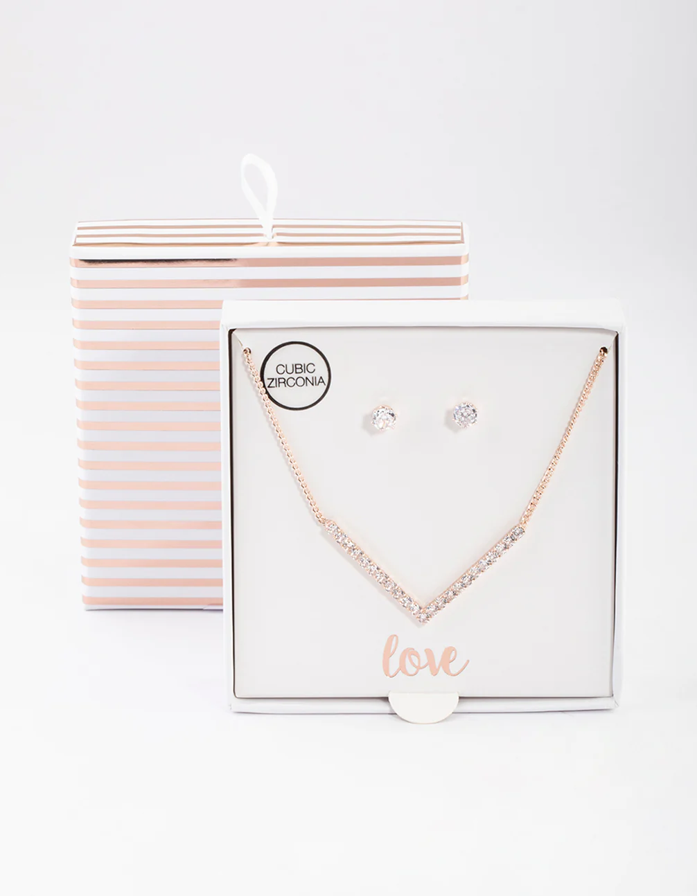 Rose Gold Cubic Zirconia V Necklace & Stud Earrings Set - Image 4