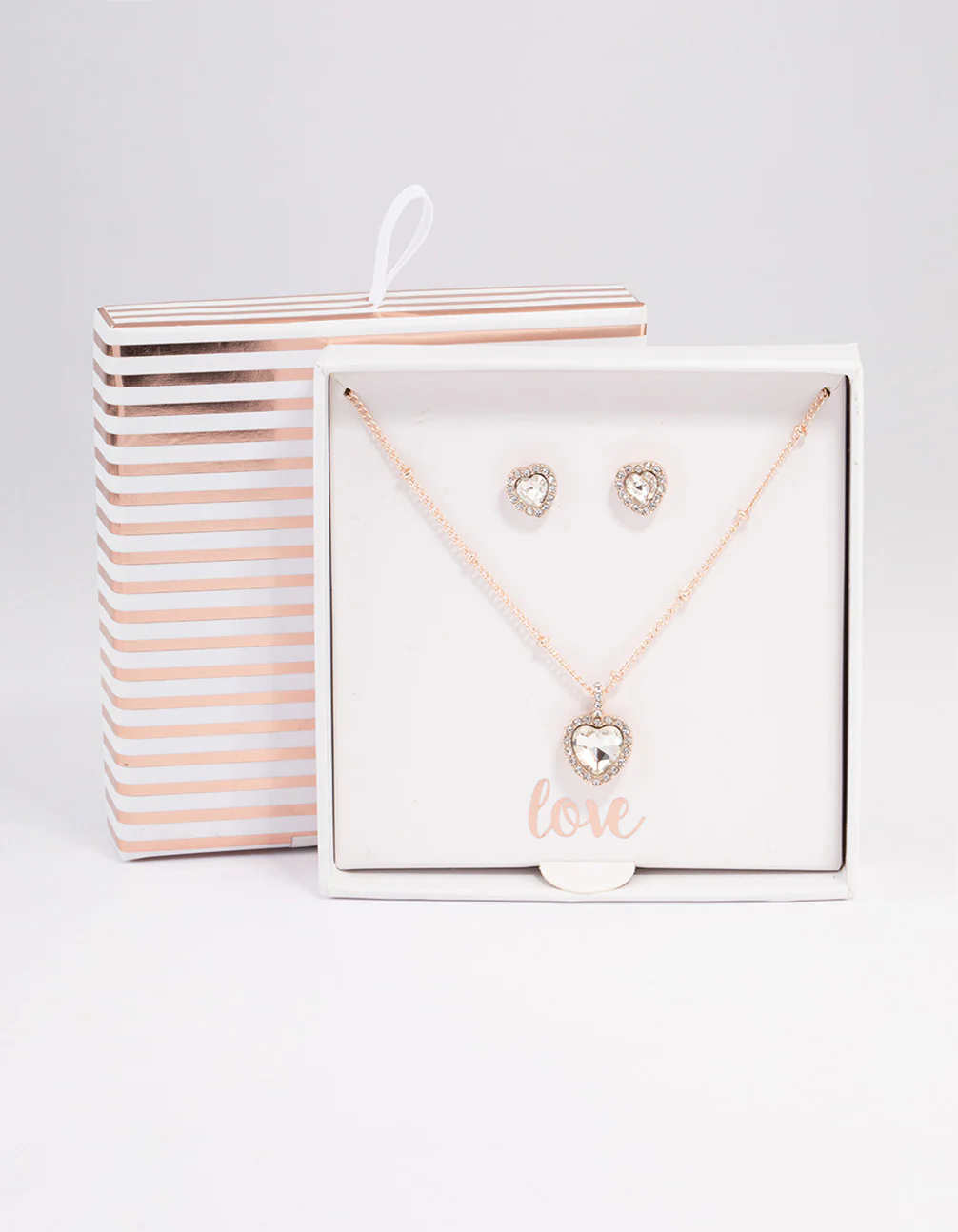 Rose Gold Heart Halo Necklace & Stud Earrings Set - Image 3