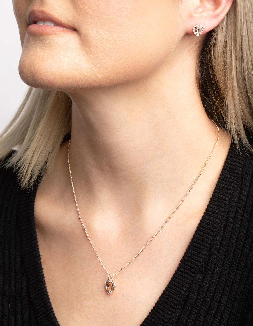 Rose Gold Heart Diamante Halo Necklace & Earrings Set - Image 2