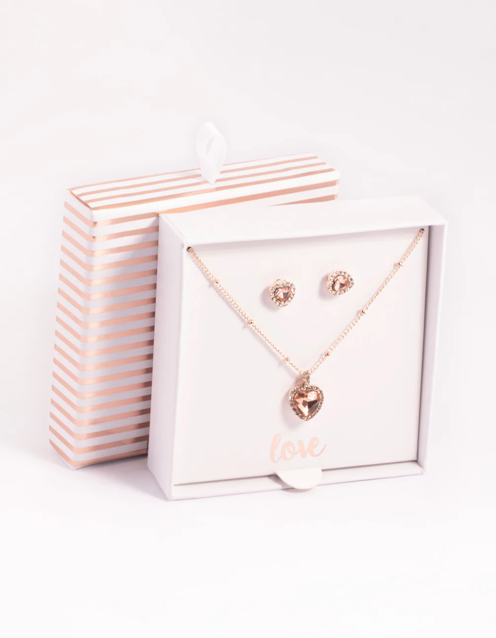 Rose Gold Heart Diamante Halo Necklace & Earrings Set - Image 3