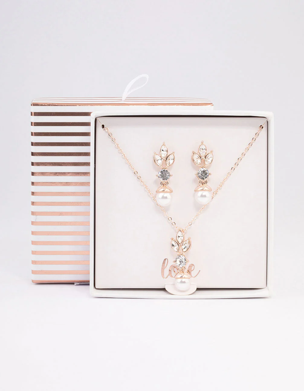 Rose Gold Leafy Diamante & Pearl Jewellery Set - Image 3