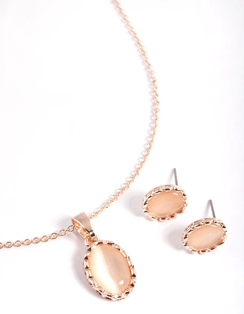 Rose Gold Oval Cateye Necklace & Stud Earrings - Image 2