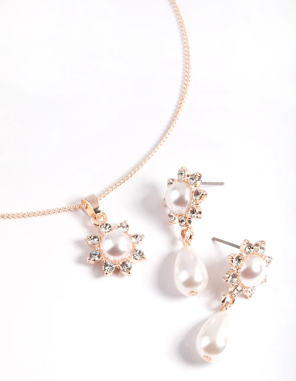 Rose Gold Pearl Flower Necklace & Drop Earrings - Image 2