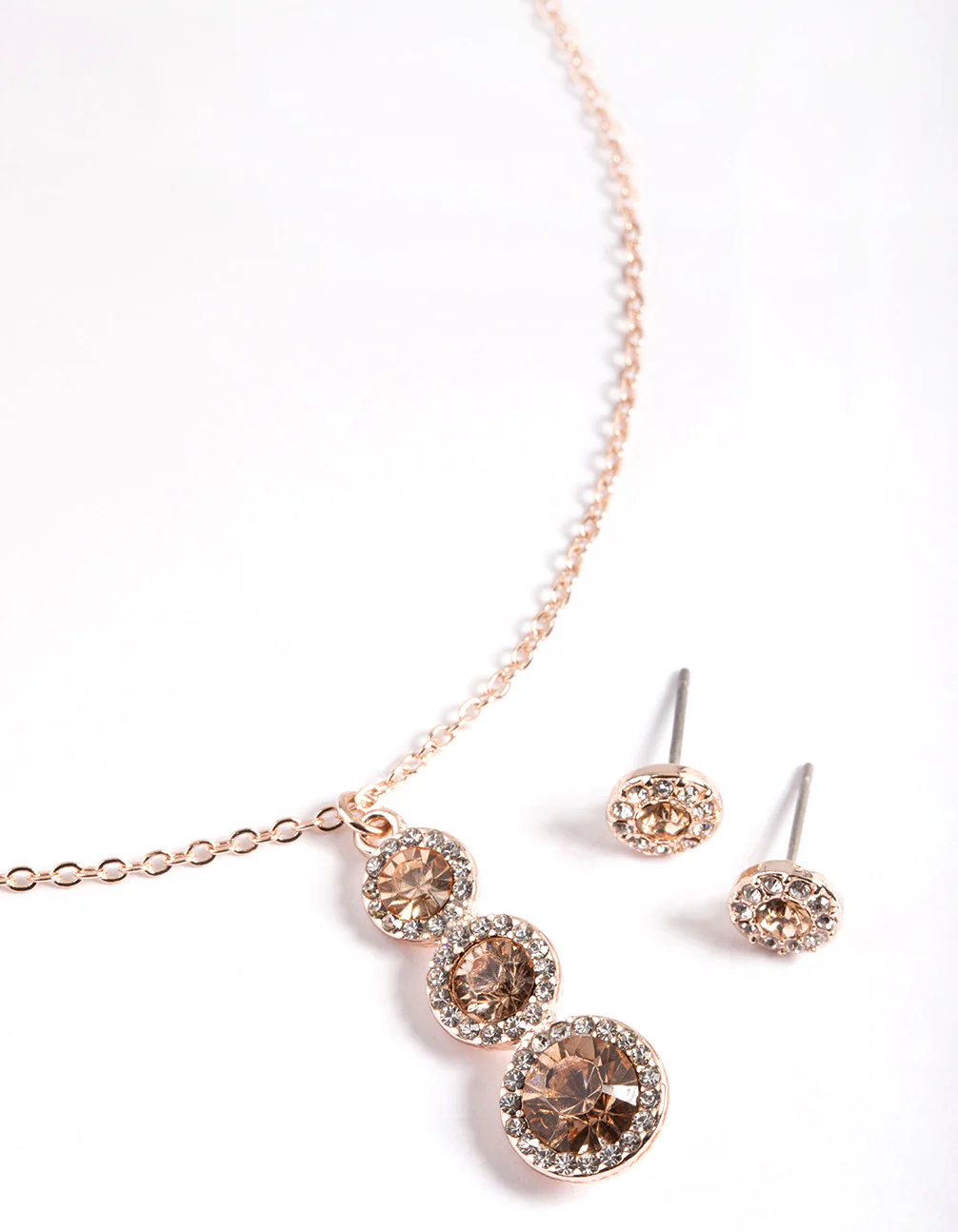 Rose Gold Round Halo Drop Necklace & Stud Earrings - Image 2