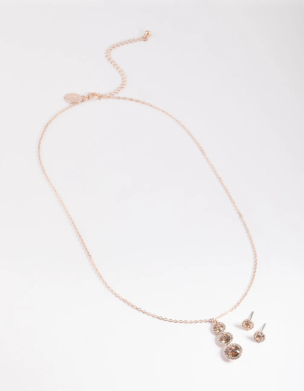 Rose Gold Round Halo Drop Necklace & Stud Earrings - Image 3