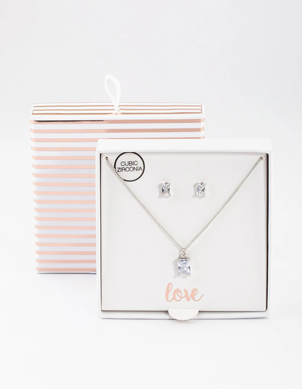 Silver Cubic Zirconia Emerald Cut Necklace & Stud Earrings Set - Image 4