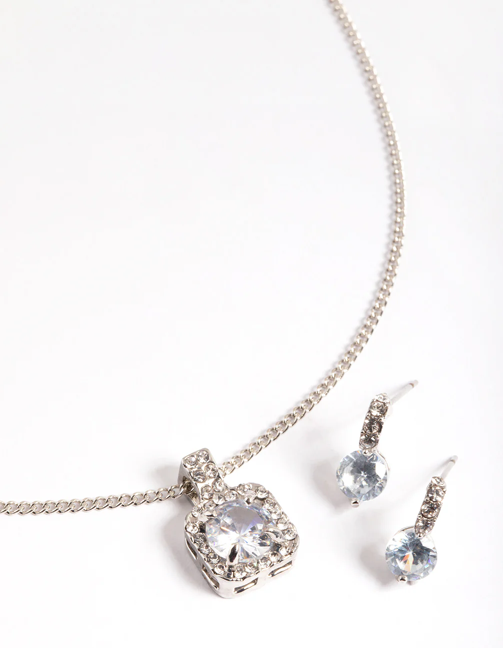 Silver Square Halo Necklace & Stud Earrings - Image 2