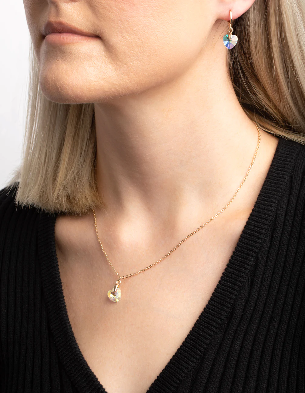 Iridescent Diamante Heart Necklac eand Huggie Hoop Earrings - Image 2