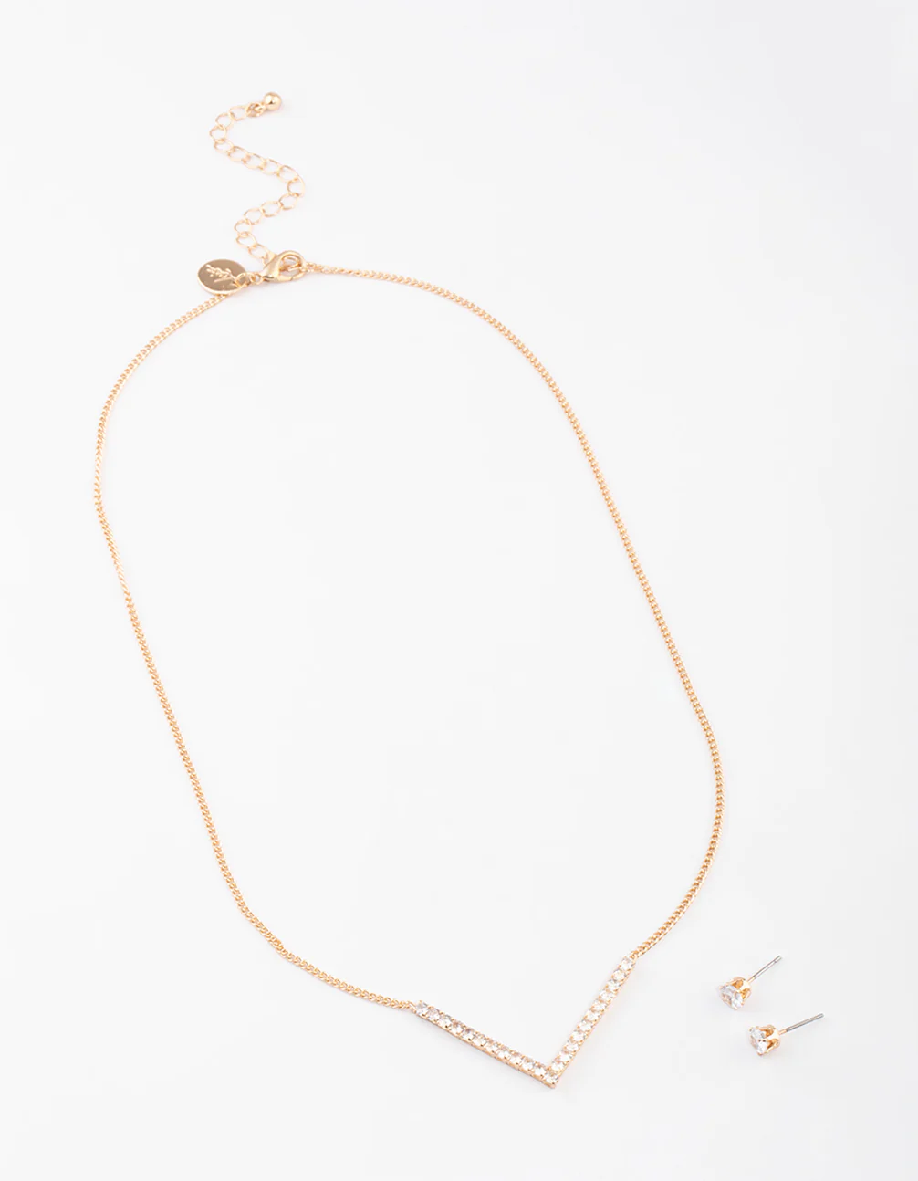 Gold Cubic Zirconia V Necklace & Stud Earrings Set - Image 2