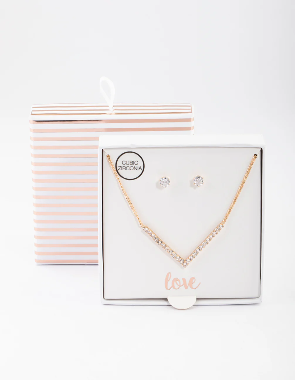 Gold Cubic Zirconia V Necklace & Stud Earrings Set - Image 4