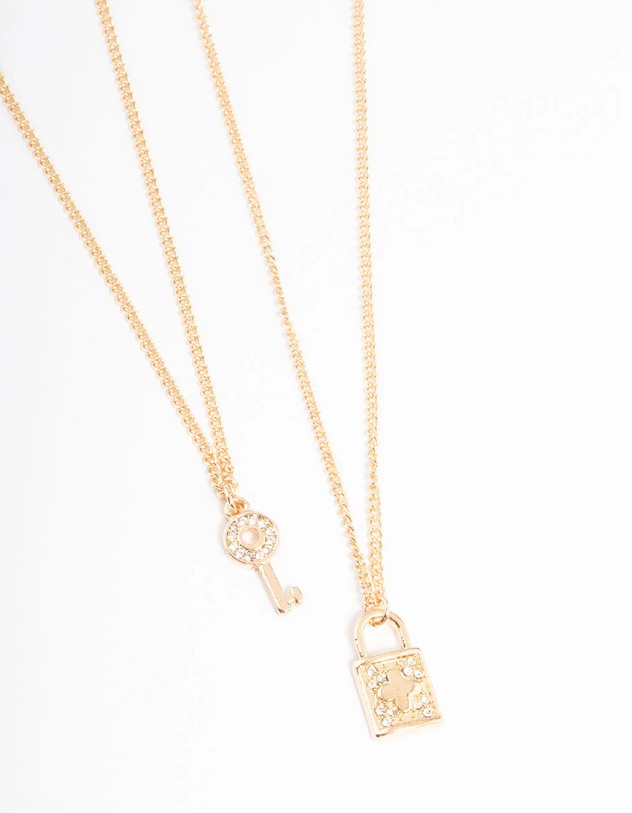 Gold Diamante Lock & Key Necklace Pack - Image 2