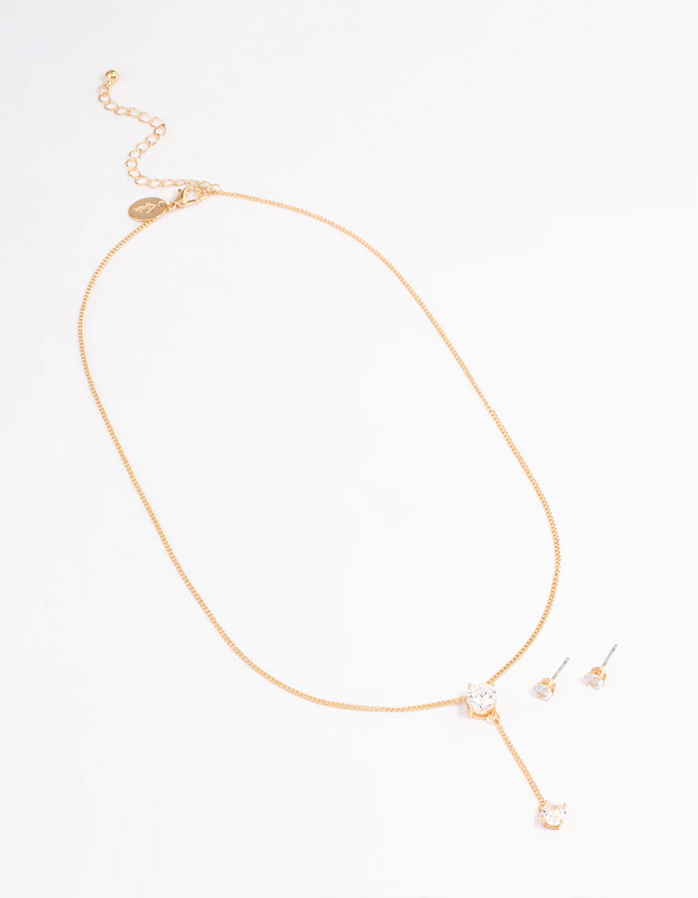 Gold Diamante Y-Shape Necklace & Stud Earrings Jewellery Set - Image 2