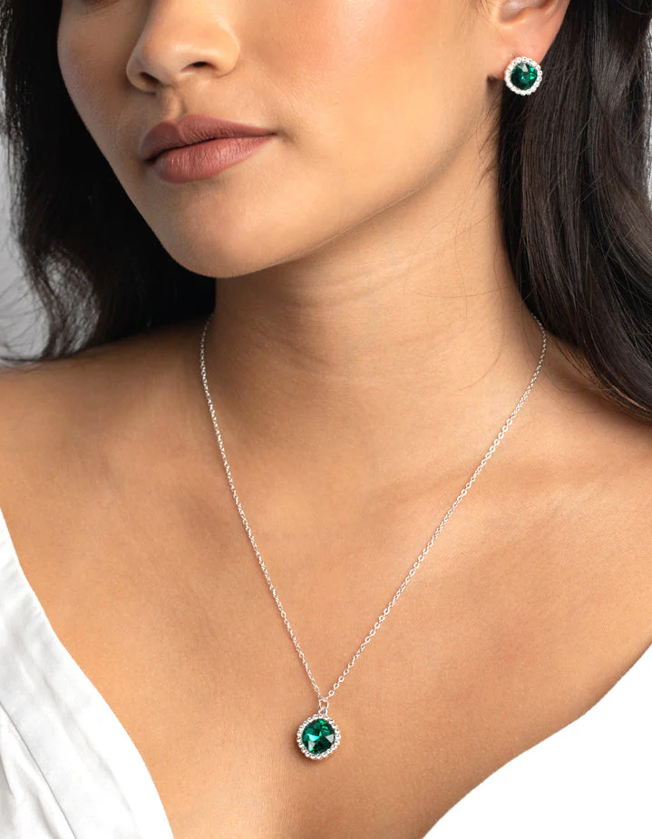 Green Cushion Halo Necklace & Earrings Set - Image 2