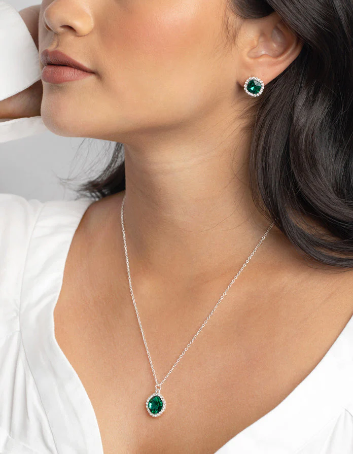 Green Cushion Halo Necklace & Earrings Set - Image 5